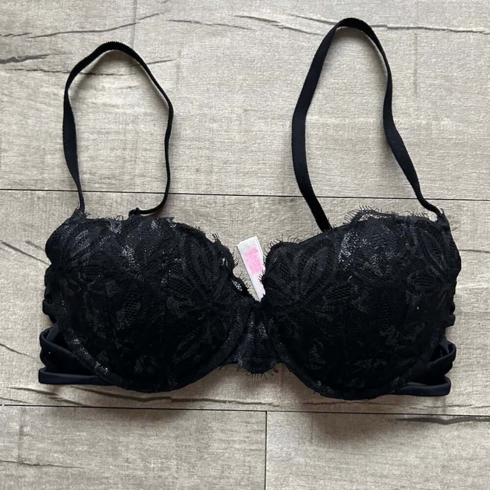 Victoria's Secret Pink Black Metallic Lace Balconette Date Push-Up Lace Up Bra